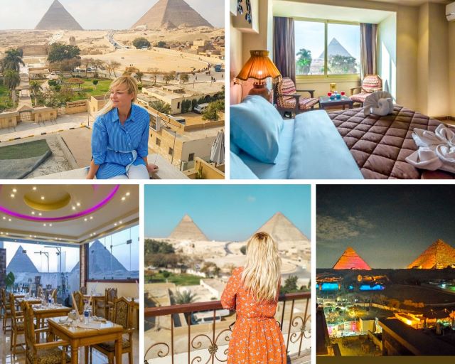 Varias imágenes de los hoteles con vista a las pirámides donde nos alojamos en Giza